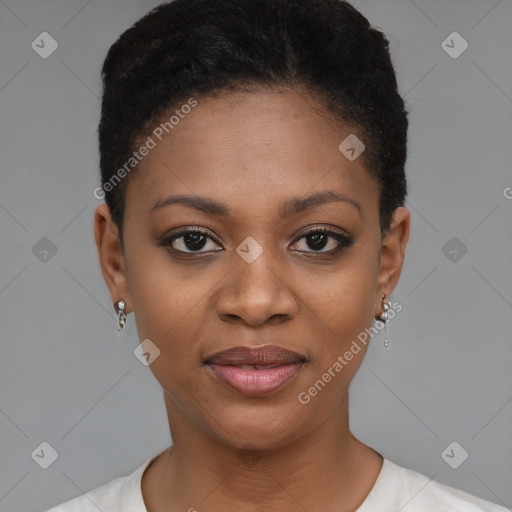 Joyful black young-adult female with short  brown hair and brown eyes