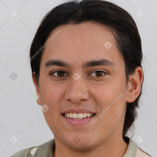 Joyful white young-adult male with medium  brown hair and brown eyes