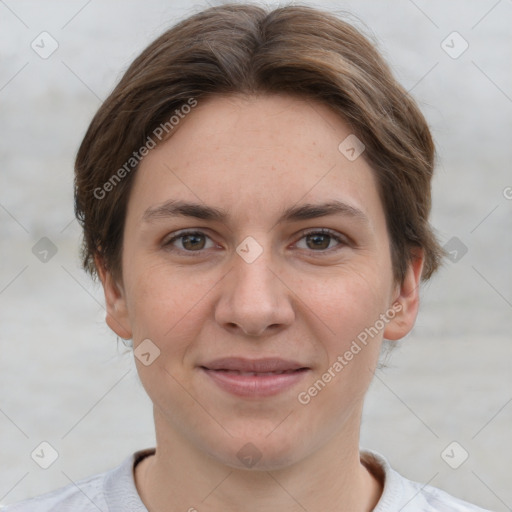 Joyful white young-adult female with short  brown hair and grey eyes