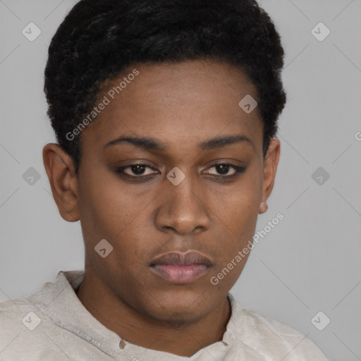 Neutral latino young-adult female with short  black hair and brown eyes