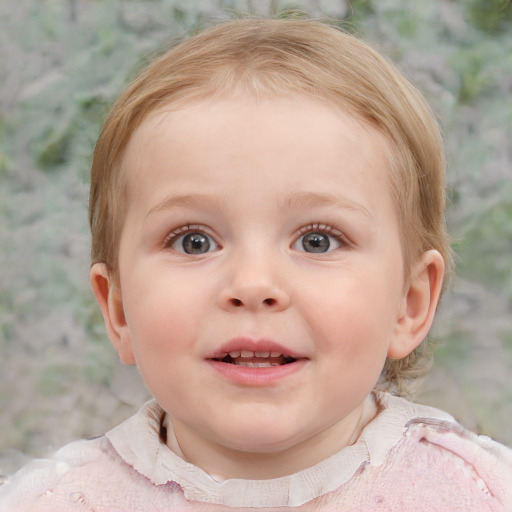 Joyful white child female with medium  brown hair and blue eyes