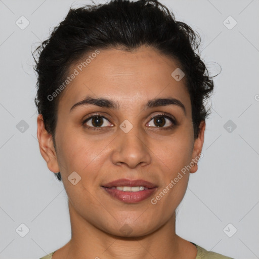 Joyful latino young-adult female with short  brown hair and brown eyes