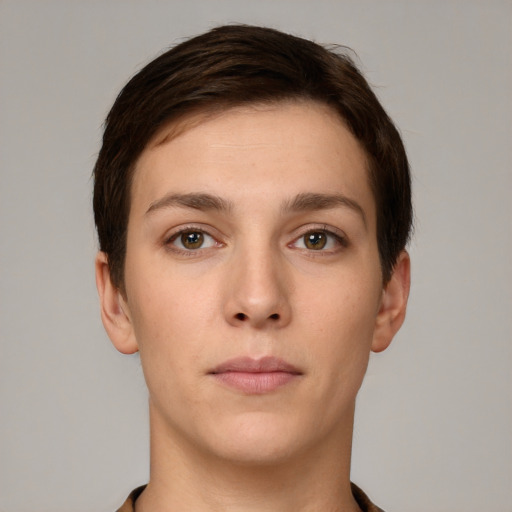 Neutral white young-adult female with short  brown hair and brown eyes