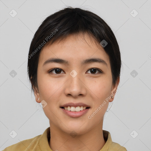 Joyful asian young-adult female with short  brown hair and brown eyes