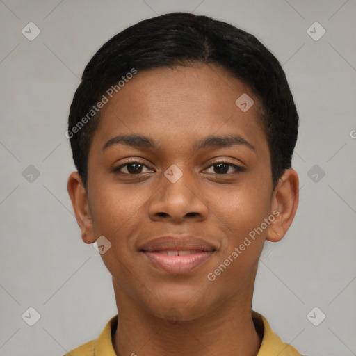 Joyful black young-adult female with short  brown hair and brown eyes