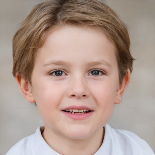 Joyful white child female with short  brown hair and brown eyes