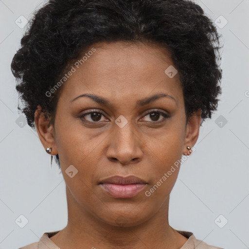 Neutral black adult female with short  brown hair and brown eyes