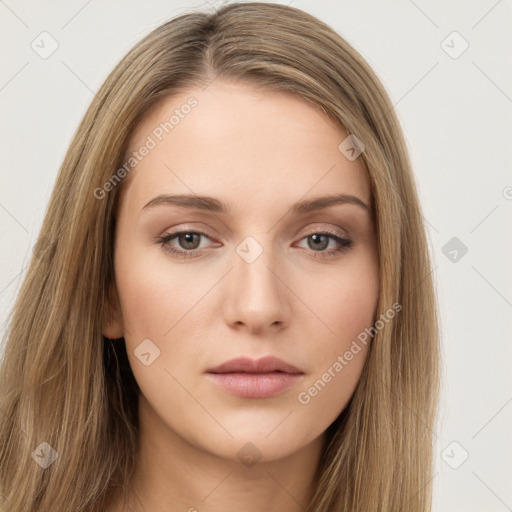 Neutral white young-adult female with long  brown hair and brown eyes