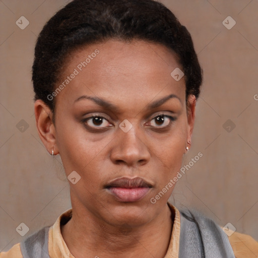 Neutral black young-adult female with short  brown hair and brown eyes