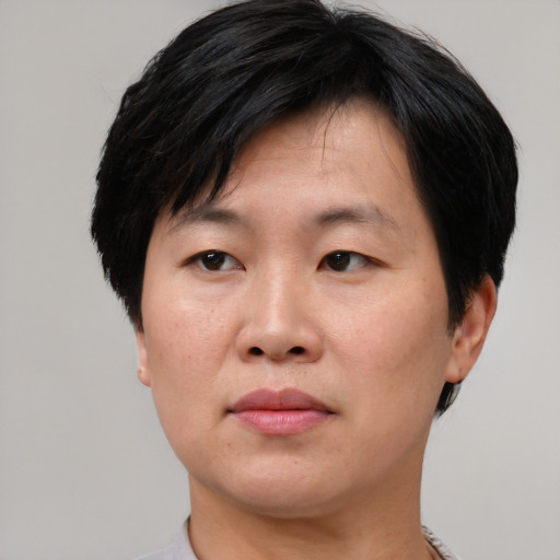 Neutral asian adult male with short  brown hair and brown eyes