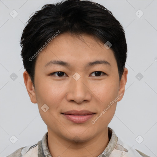 Joyful asian young-adult female with short  brown hair and brown eyes