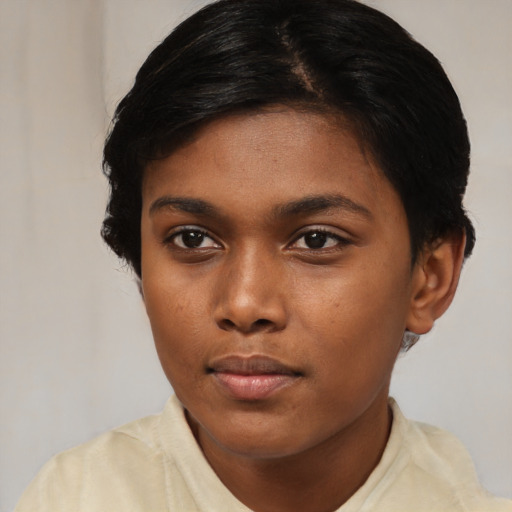 Neutral black young-adult female with short  brown hair and brown eyes