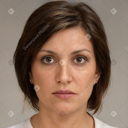 Neutral white young-adult female with medium  brown hair and brown eyes