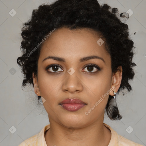 Joyful black young-adult female with medium  black hair and brown eyes