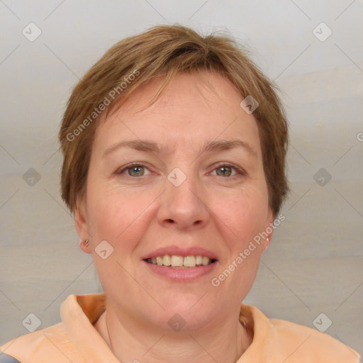 Joyful white adult female with short  brown hair and brown eyes