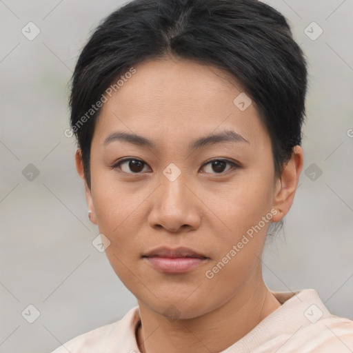 Neutral asian young-adult female with short  brown hair and brown eyes