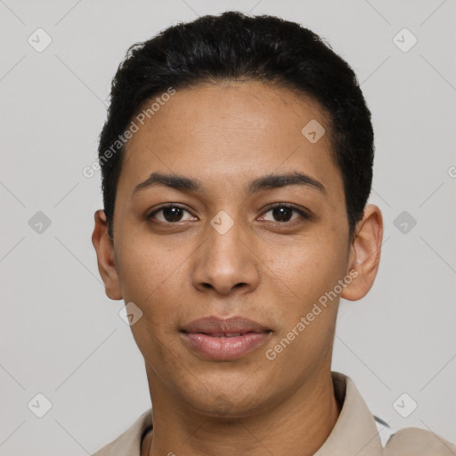 Joyful latino young-adult female with short  black hair and brown eyes