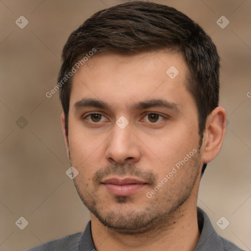 Neutral white young-adult male with short  brown hair and brown eyes