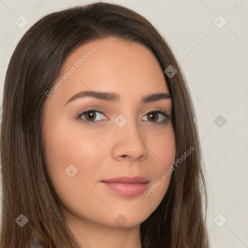 Neutral white young-adult female with long  brown hair and brown eyes