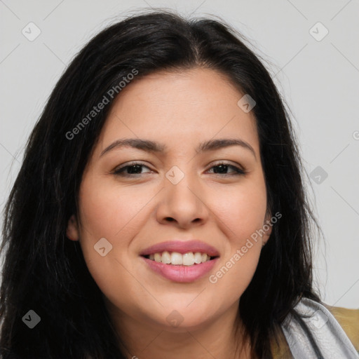 Joyful asian young-adult female with long  brown hair and brown eyes