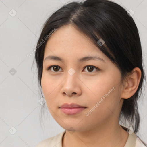 Neutral asian young-adult female with medium  brown hair and brown eyes