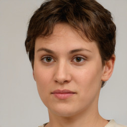 Neutral white young-adult female with short  brown hair and brown eyes