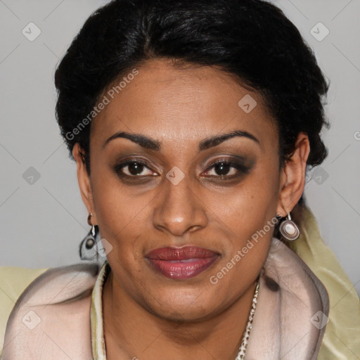 Joyful latino young-adult female with short  brown hair and brown eyes