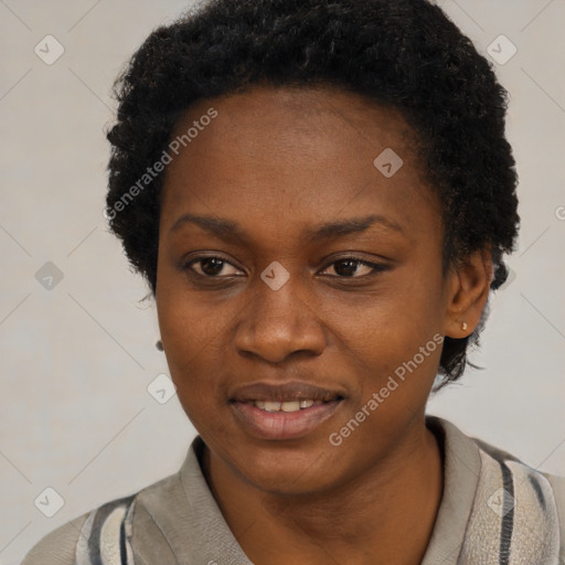 Joyful black young-adult female with short  black hair and brown eyes