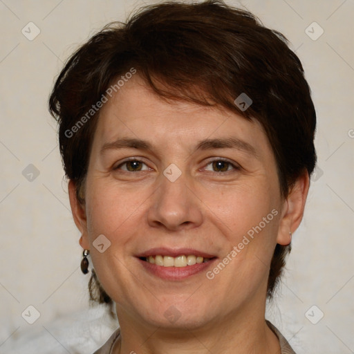 Joyful white adult female with short  brown hair and brown eyes