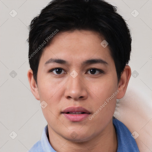 Neutral asian young-adult female with short  black hair and brown eyes