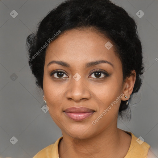 Joyful black young-adult female with medium  black hair and brown eyes