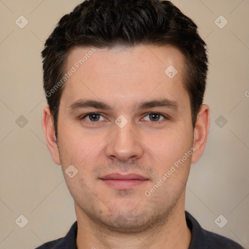 Neutral white young-adult male with short  brown hair and brown eyes