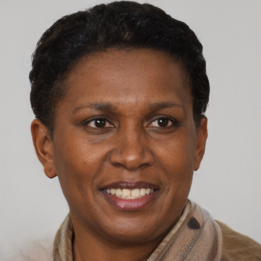 Joyful black adult female with short  brown hair and brown eyes