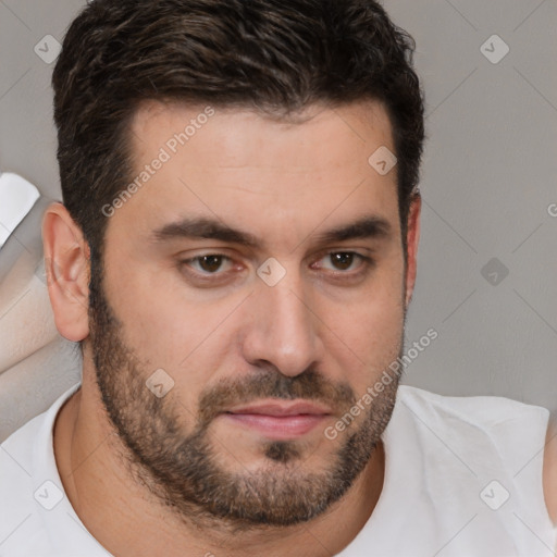 Neutral white young-adult male with short  brown hair and brown eyes