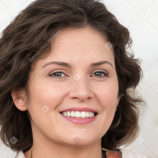 Joyful white young-adult female with medium  brown hair and green eyes