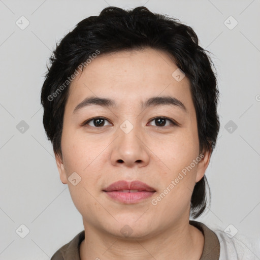 Neutral asian young-adult female with medium  black hair and brown eyes