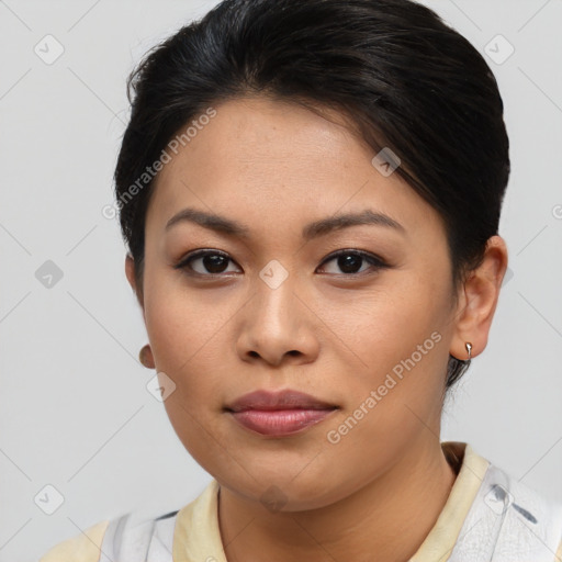 Neutral asian young-adult female with short  brown hair and brown eyes