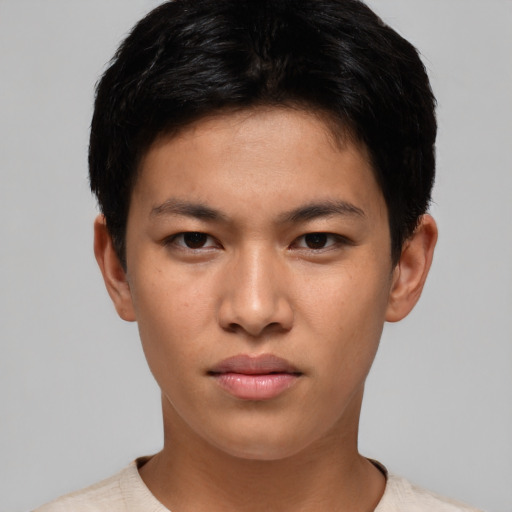 Neutral asian young-adult male with short  brown hair and brown eyes