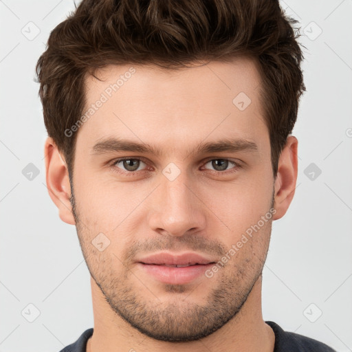 Neutral white young-adult male with short  brown hair and grey eyes