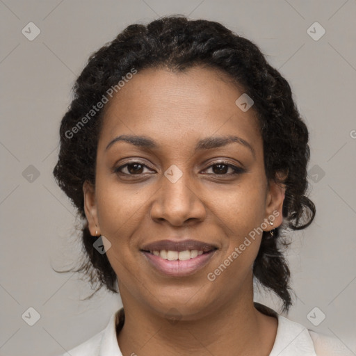 Joyful black young-adult female with medium  black hair and brown eyes