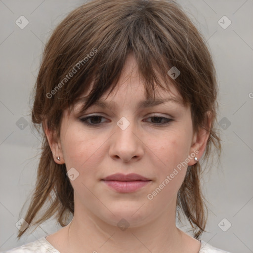 Neutral white young-adult female with medium  brown hair and grey eyes