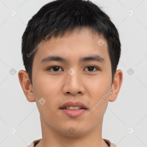 Neutral asian young-adult male with short  brown hair and brown eyes