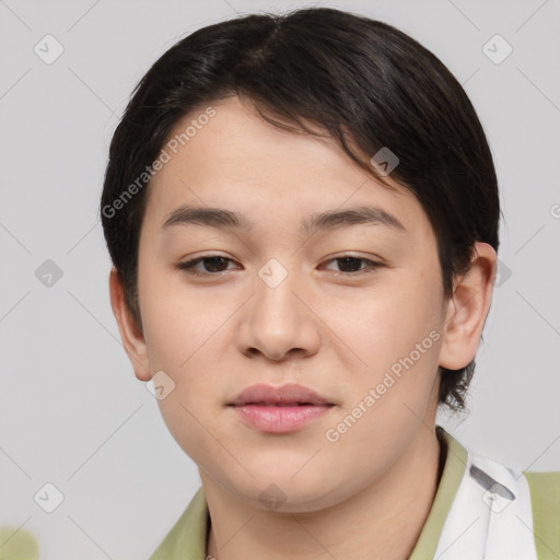 Joyful asian young-adult female with short  brown hair and brown eyes