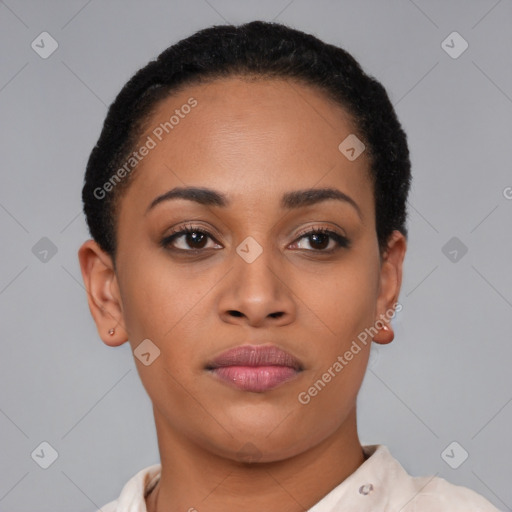 Joyful latino young-adult female with short  black hair and brown eyes