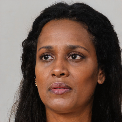 Neutral black adult female with long  black hair and brown eyes