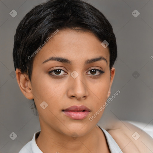 Neutral latino young-adult female with short  brown hair and brown eyes