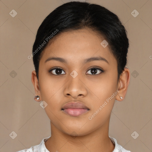 Neutral latino young-adult female with short  brown hair and brown eyes