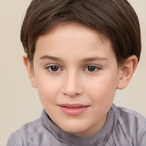 Joyful white child female with short  brown hair and brown eyes