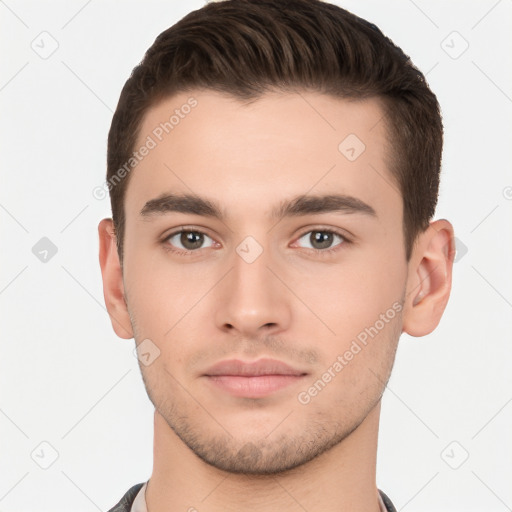 Neutral white young-adult male with short  brown hair and brown eyes