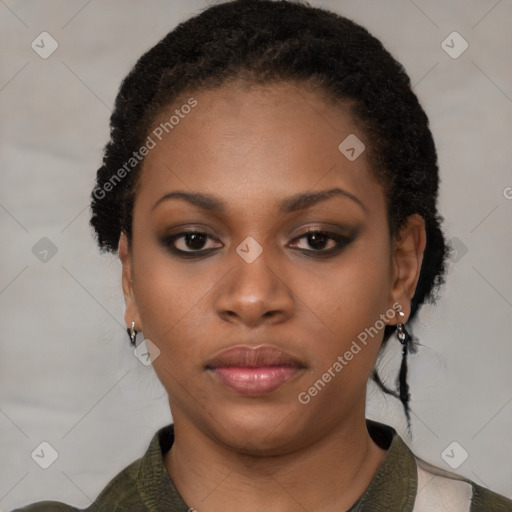 Neutral black young-adult female with short  black hair and brown eyes